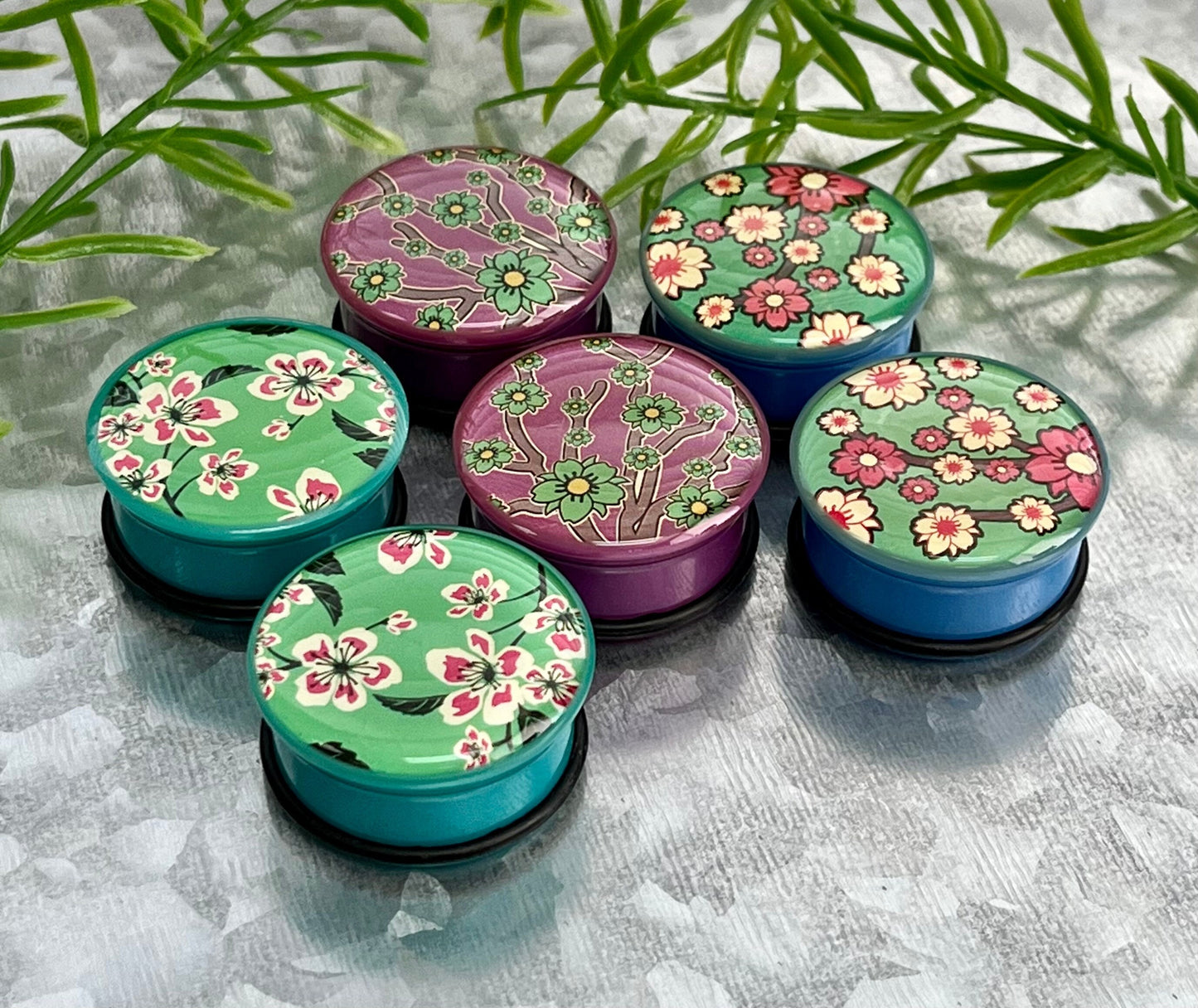 PAIR of Unique Flower Print Single Flare Acrylic Plugs with O-Rings - Green, Blue or Purple - Gauges 1/2" (12mm) thru 1" (26mm) available!