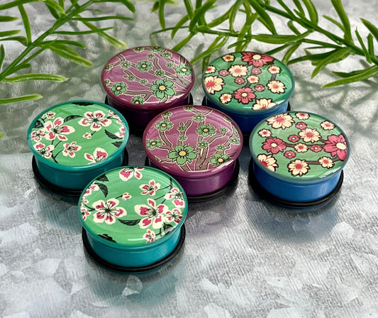 PAIR of Unique Flower Print Single Flare Acrylic Plugs with O-Rings - Green, Blue or Purple - Gauges 1/2" (12mm) thru 1" (26mm) available!