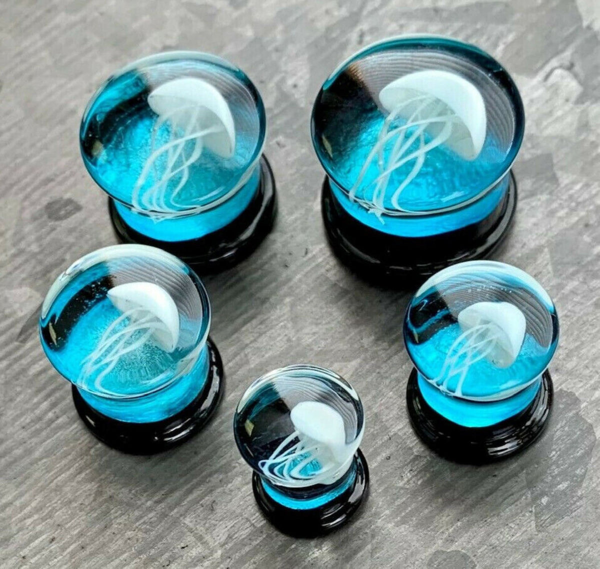 PAIR of Stunning Floating Jellyfish Design Pyrex Glass Double Flare Plugs -Gauges 0g (8mm) through 1" (25mm) available!