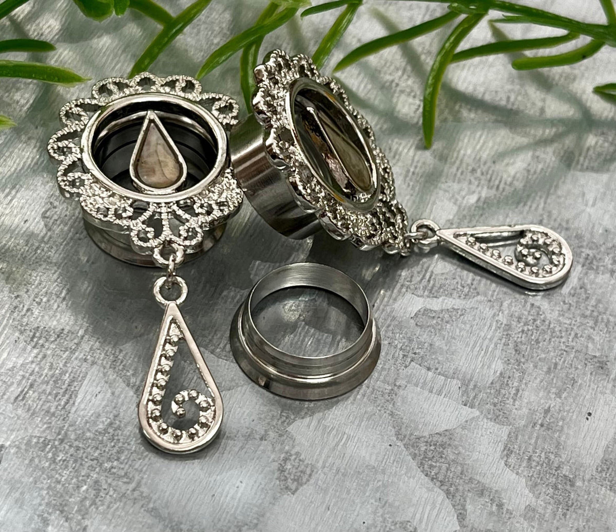 PAIR of Unique Teardrop Mother of Pearl Centered Filigree Dangle Steel Internally Threaded Tunnel- Gauges 2g(6mm) thru 5/8"(16mm) available!