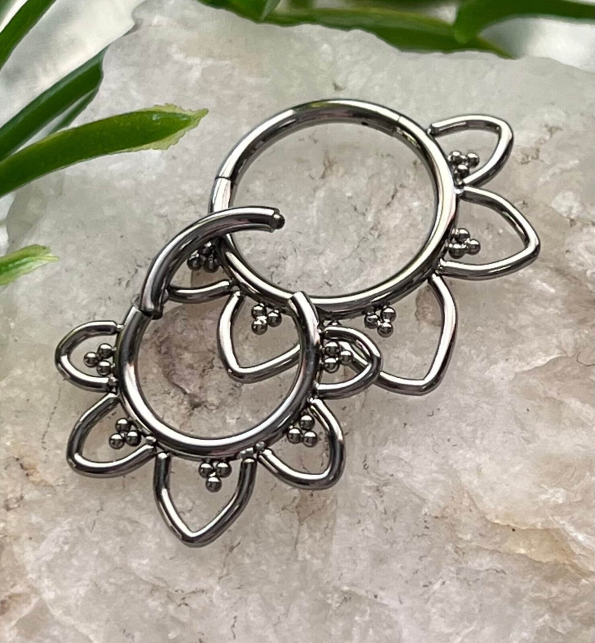 1 Piece Implant Grade Titanium Filigree Hearts Hinged Segment Septum Ring- 16g in 10mm or 8mm - Silver, Gold & Black Available!