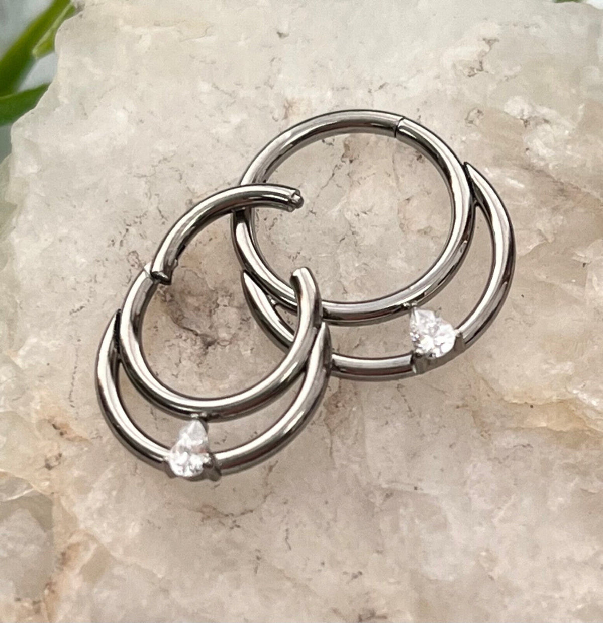 1 Piece Implant Grade Titanium Double Lined Teardrop CZ Gem Hinged Segment Septum Ring- 16g in 10mm or 8mm - Silver & Gold Available!