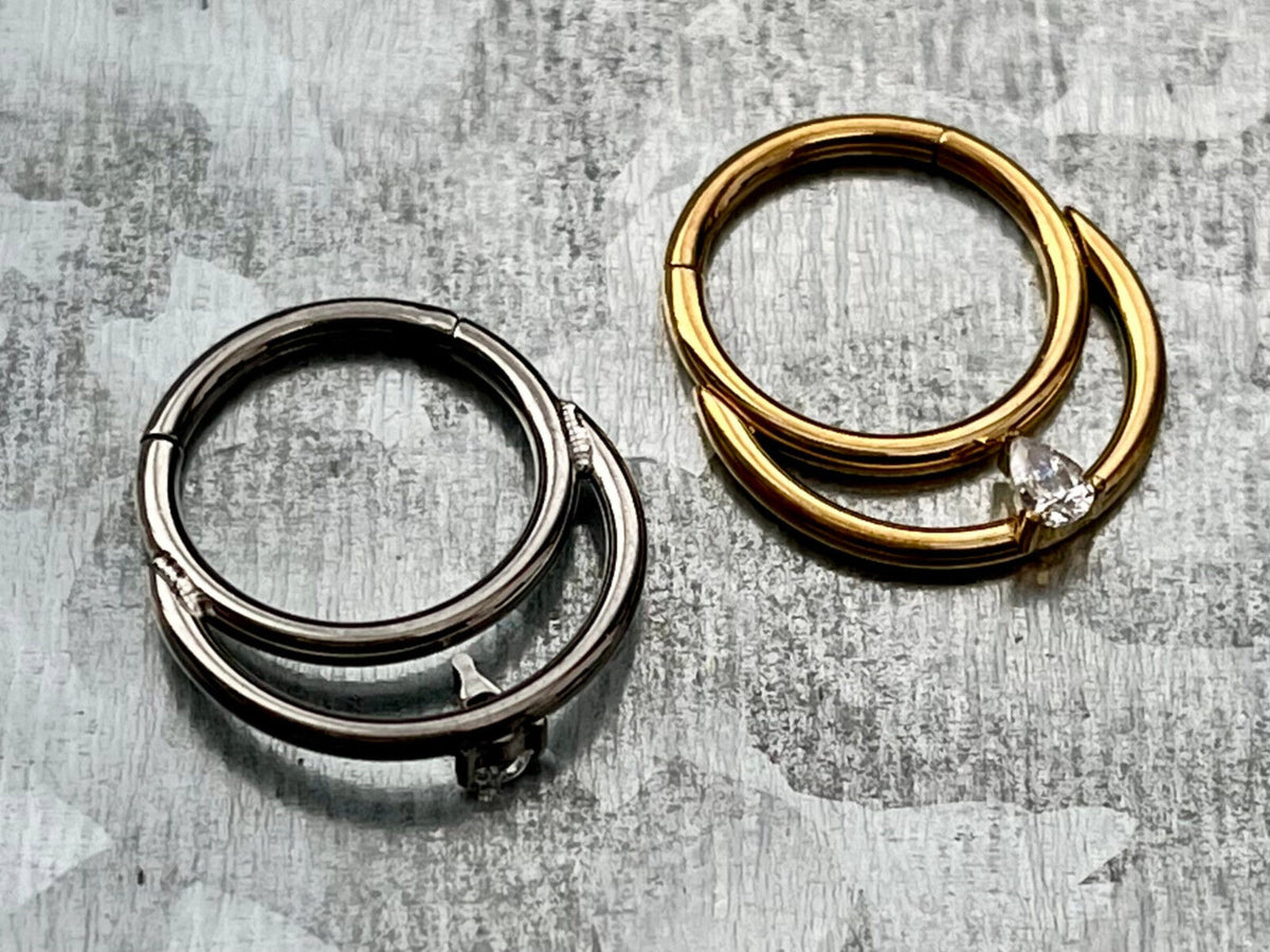 1 Piece Implant Grade Titanium Double Lined Teardrop CZ Gem Hinged Segment Septum Ring- 16g in 10mm or 8mm - Silver & Gold Available!
