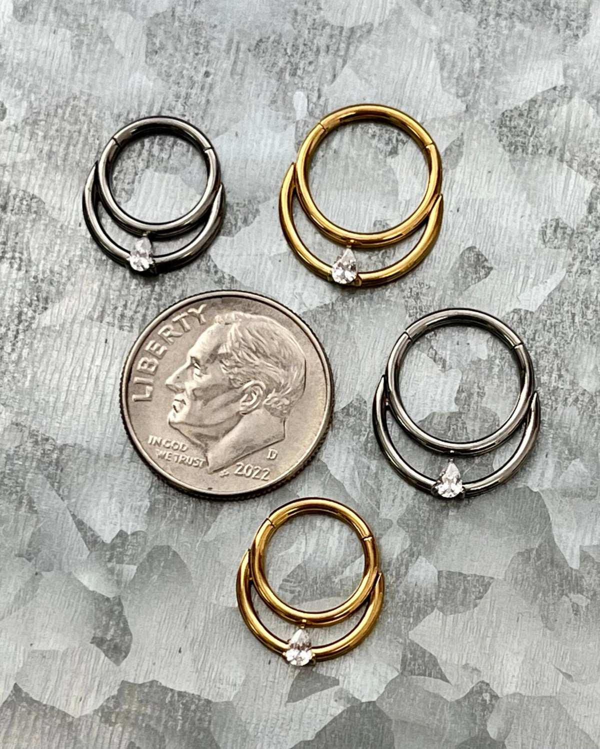 1 Piece Implant Grade Titanium Double Lined Teardrop CZ Gem Hinged Segment Septum Ring- 16g in 10mm or 8mm - Silver & Gold Available!