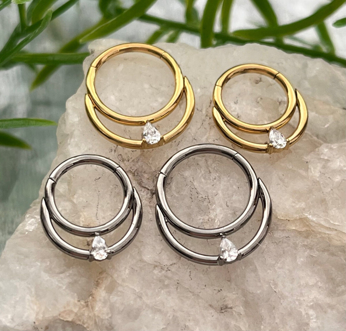 1 Piece Implant Grade Titanium Double Lined Teardrop CZ Gem Hinged Segment Septum Ring- 16g in 10mm or 8mm - Silver & Gold Available!