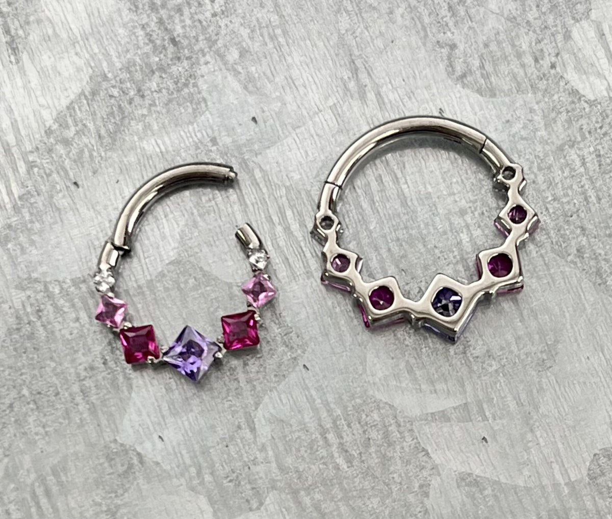 1 Piece Solid Titanium 7 Square CZ Gems Hinged Segment Septum Ring - Clear or Multi-Colored - 16g, Diameter 10mm or 8mm available!