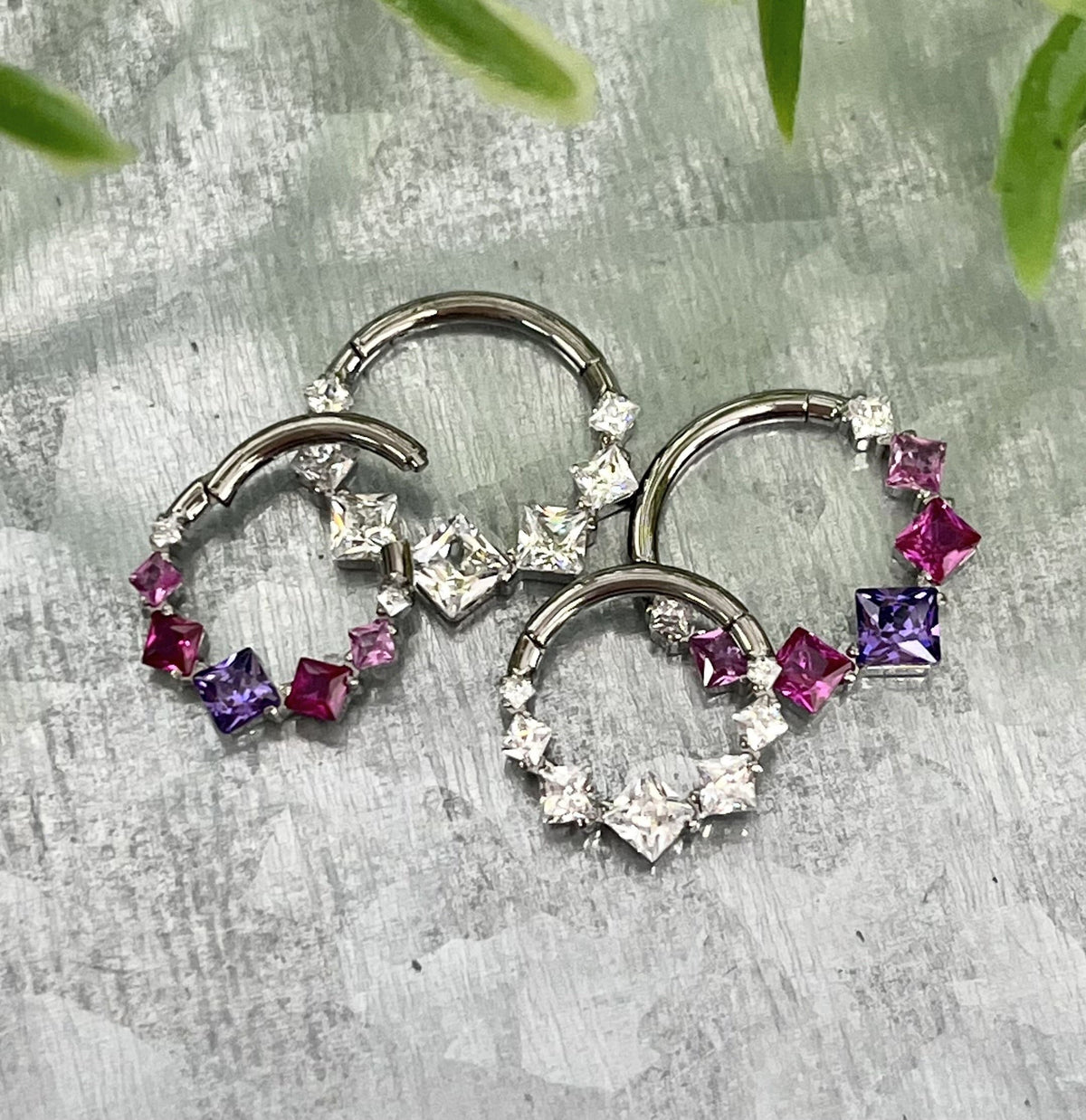1 Piece Solid Titanium 7 Square CZ Gems Hinged Segment Septum Ring - Clear or Multi-Colored - 16g, Diameter 10mm or 8mm available!