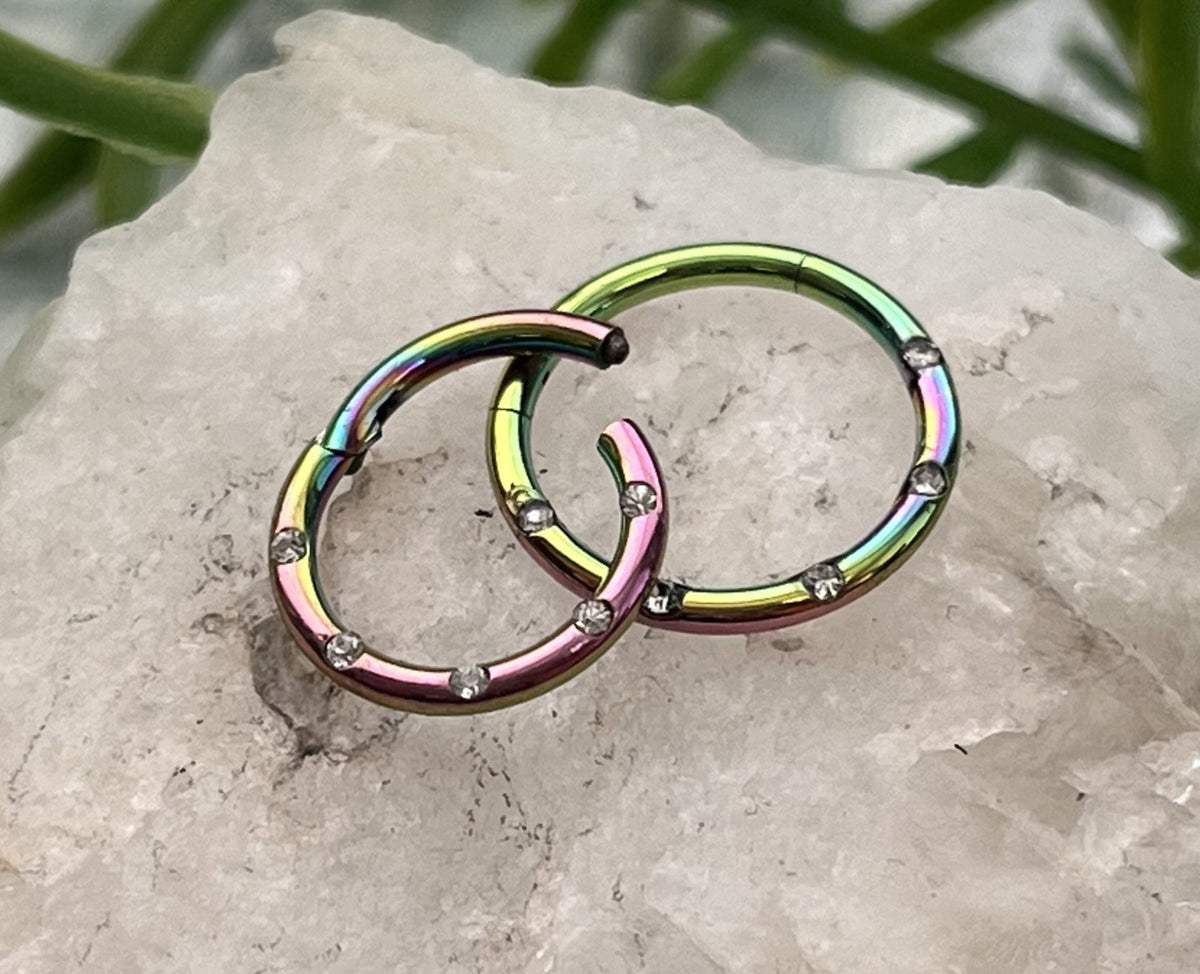 1 Piece Beautiful Five Flush Gems Hinged Segment Septum Ring - 16g - 10mm & 8mm - Black, Gold, Rainbow, Rose Gold or Silver Available!