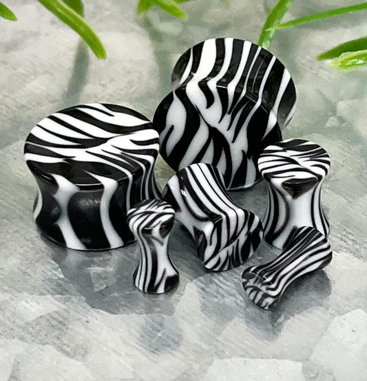 PAIR of Unique Zebra / White Tiger Acrylic Saddle Plugs Saddle Plugs - Gauges 8g (3.2mm) thru 9/16" (16mm) available!