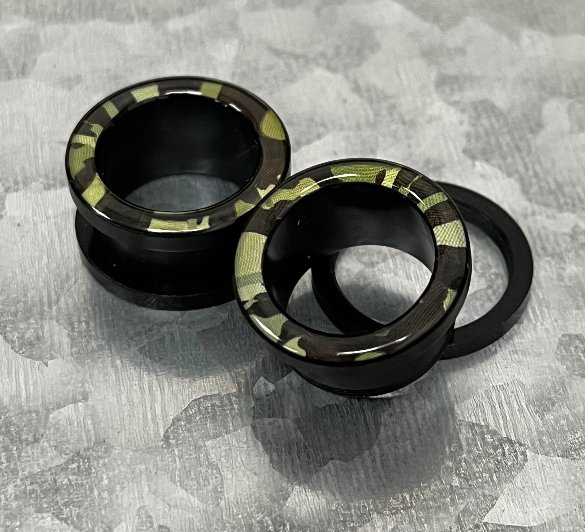 PAIR of Unique Camouflage Print Acrylic Screw Fit Tunnel Plugs - Gauges 1/2" (12mm) thru 5/8" (16mm) available!