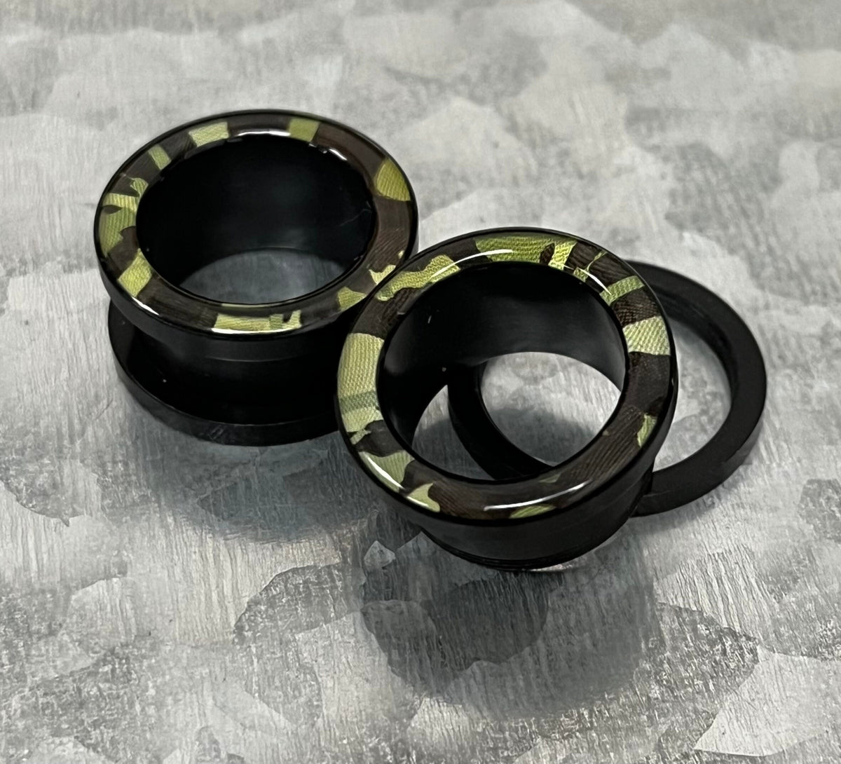 PAIR of Unique Camouflage Print Acrylic Screw Fit Tunnel Plugs - Gauges 1/2" (12mm) thru 5/8" (16mm) available!