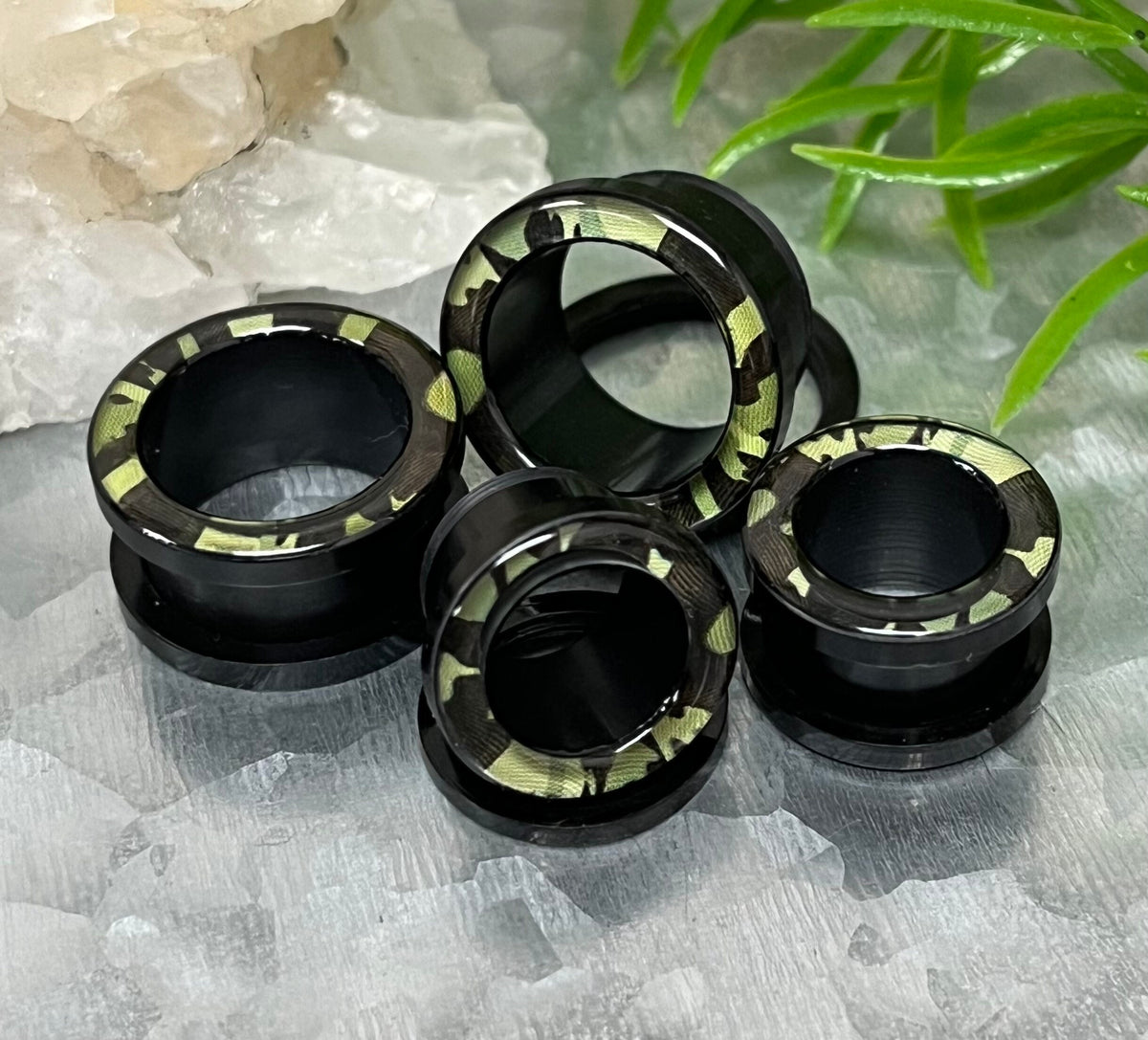 PAIR of Unique Camouflage Print Acrylic Screw Fit Tunnel Plugs - Gauges 1/2" (12mm) thru 5/8" (16mm) available!