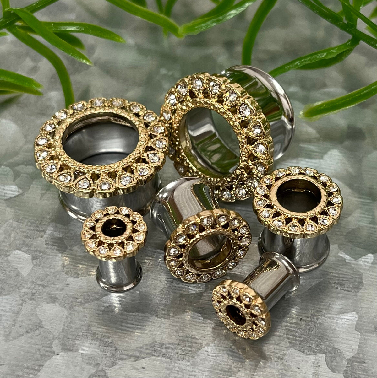 PAIR of Unusual CZ Gemmed Heart Surrounded Double Flare Stainless Steel Tunnels- Gauges 2g(6mm) thru 5/8"(16mm) in Gold, Rose Gold & Silver!