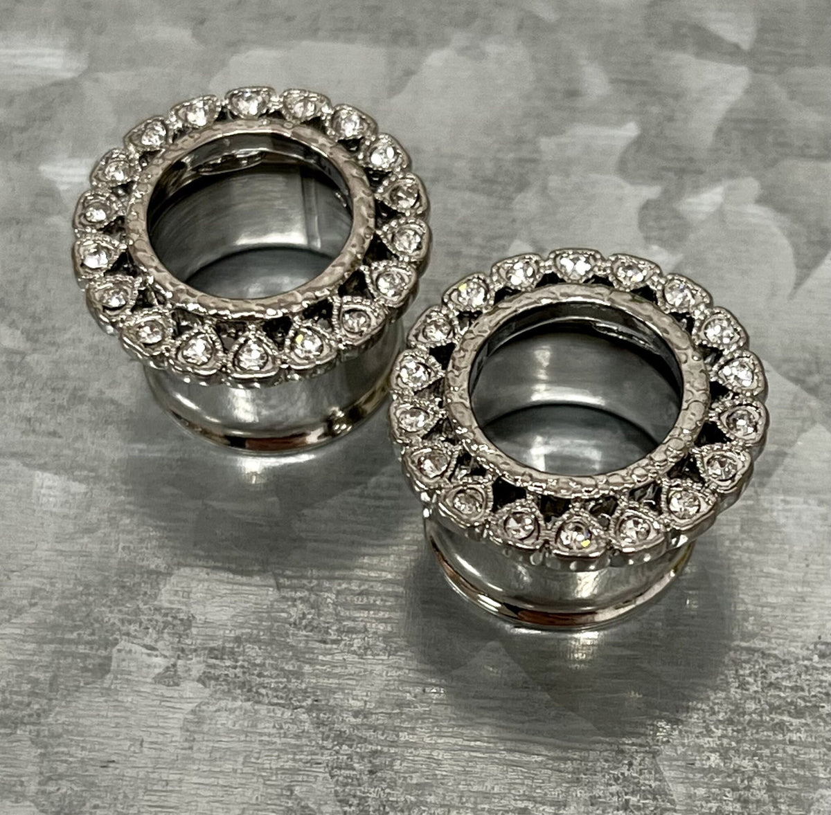 PAIR of Unusual CZ Gemmed Heart Surrounded Double Flare Stainless Steel Tunnels- Gauges 2g(6mm) thru 5/8"(16mm) in Gold, Rose Gold & Silver!