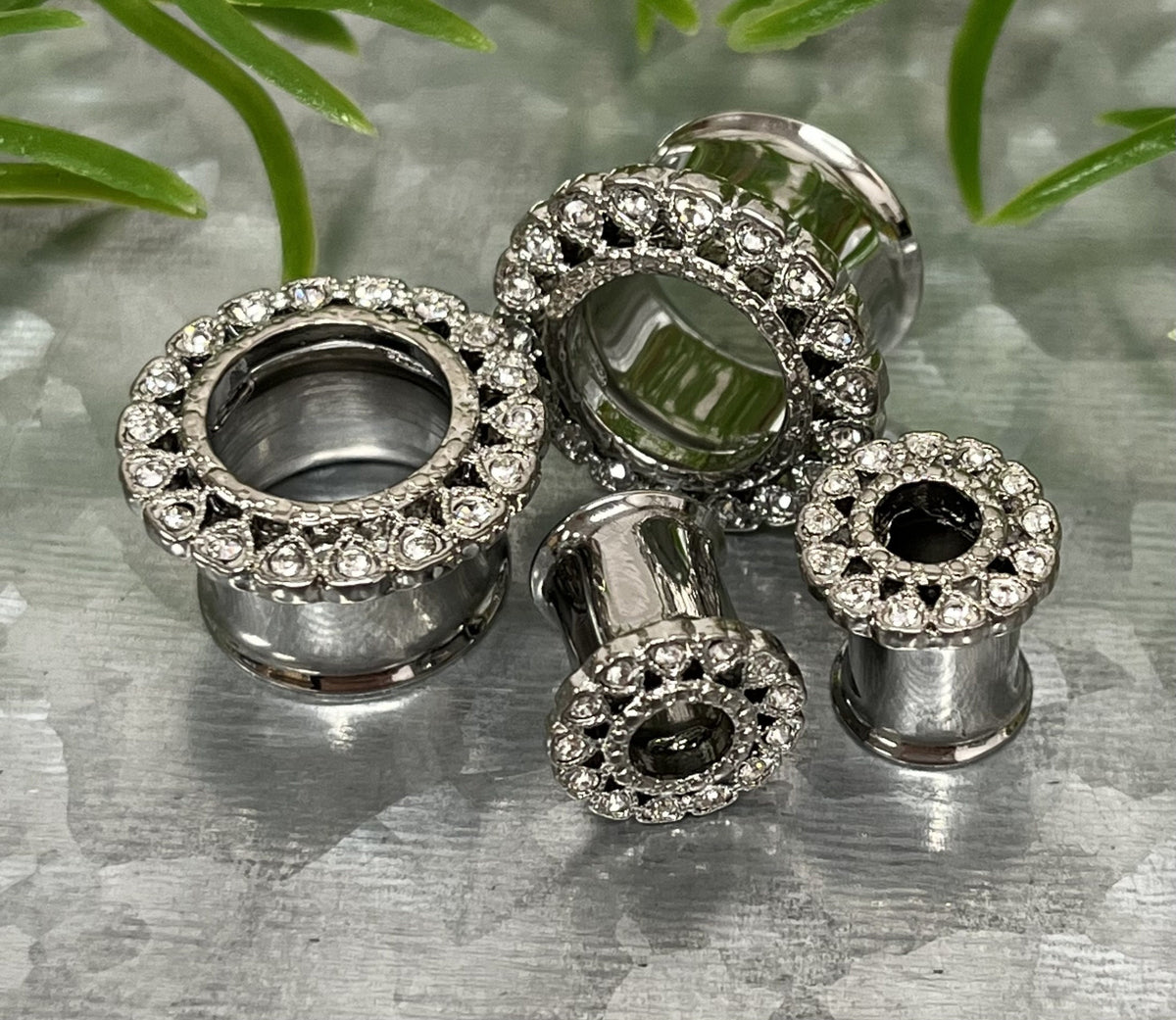 PAIR of Unusual CZ Gemmed Heart Surrounded Double Flare Stainless Steel Tunnels- Gauges 2g(6mm) thru 5/8"(16mm) in Gold, Rose Gold & Silver!