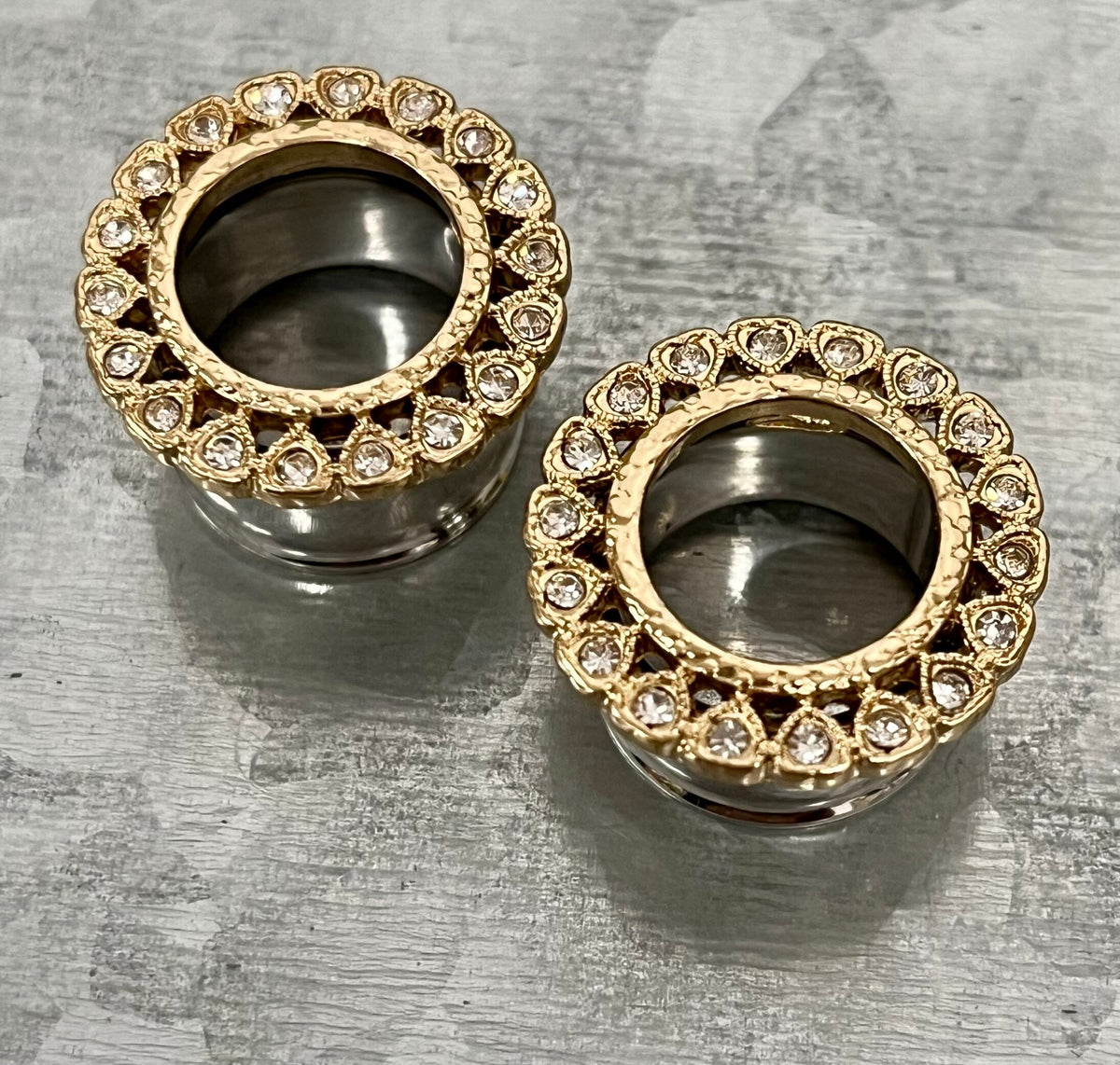 PAIR of Unusual CZ Gemmed Heart Surrounded Double Flare Stainless Steel Tunnels- Gauges 2g(6mm) thru 5/8"(16mm) in Gold, Rose Gold & Silver!