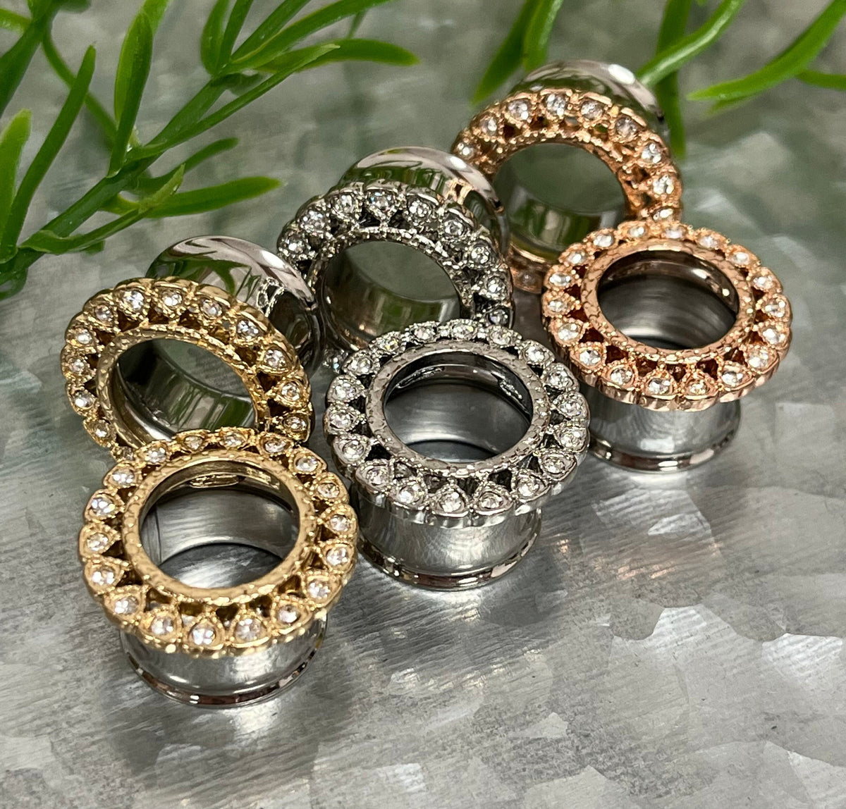 PAIR of Unusual CZ Gemmed Heart Surrounded Double Flare Stainless Steel Tunnels- Gauges 2g(6mm) thru 5/8"(16mm) in Gold, Rose Gold & Silver!