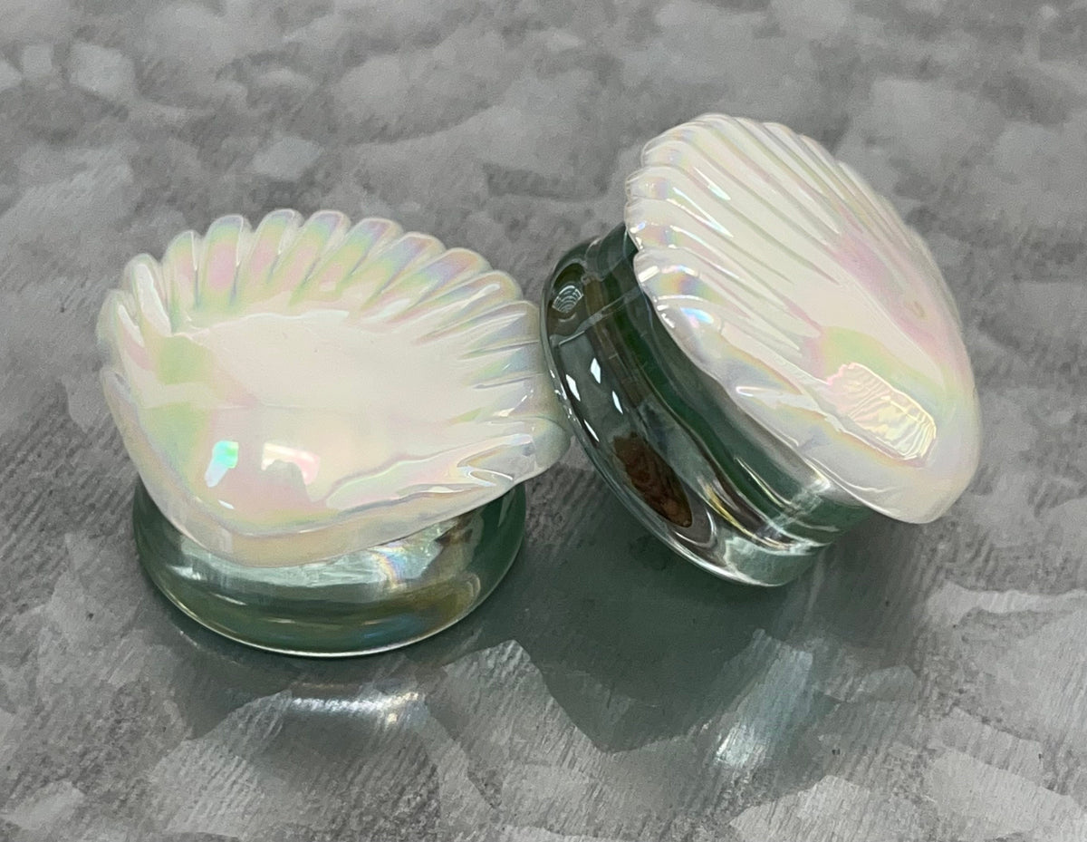 PAIR of Unique White Pearl Seashell Glass Double Flare Tunnels/Plugs - Gauges 2g (6mm) thru 1" (25mm) available!