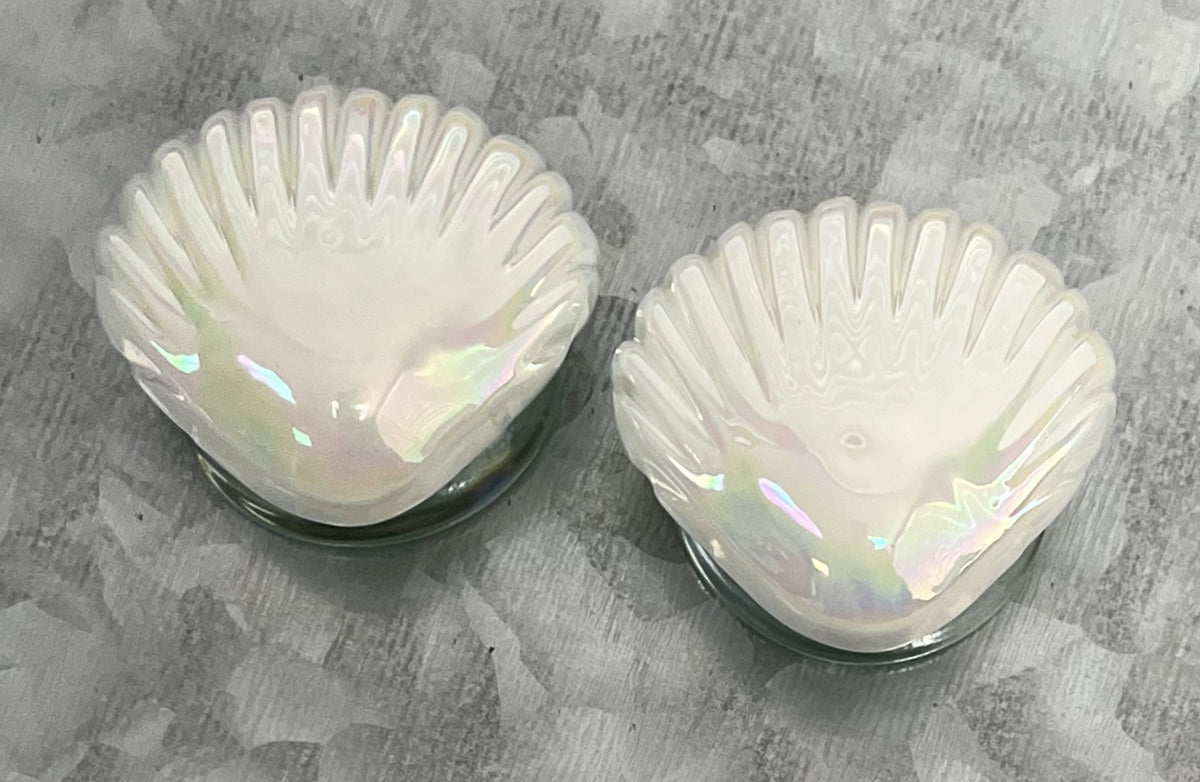 PAIR of Unique White Pearl Seashell Glass Double Flare Tunnels/Plugs - Gauges 2g (6mm) thru 1" (25mm) available!