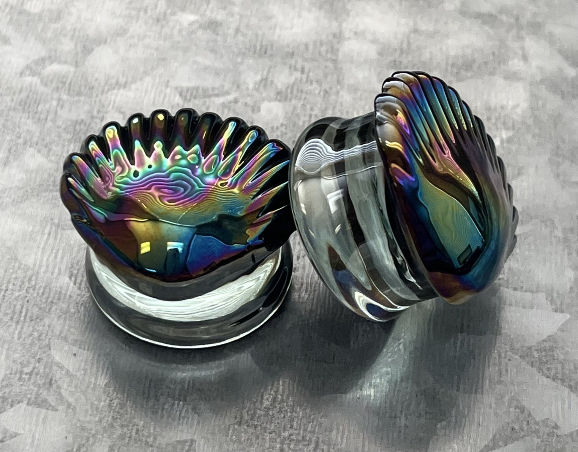 PAIR of Stunning Black Pearl Seashell Glass Double Flare Tunnels/Plugs - Gauges 2g (6mm) thru 1" (25mm) available!