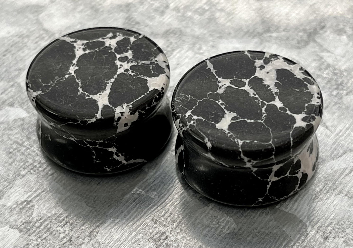 PAIR of Unique Black & White Synthetic Imperial Turquoise Double Flare Tunnels/Plugs - Gauges 2g (6mm) thru 1" (25mm) available!