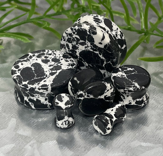 PAIR of Unique Black & White Synthetic Imperial Turquoise Double Flare Tunnels/Plugs - Gauges 2g (6mm) thru 1" (25mm) available!