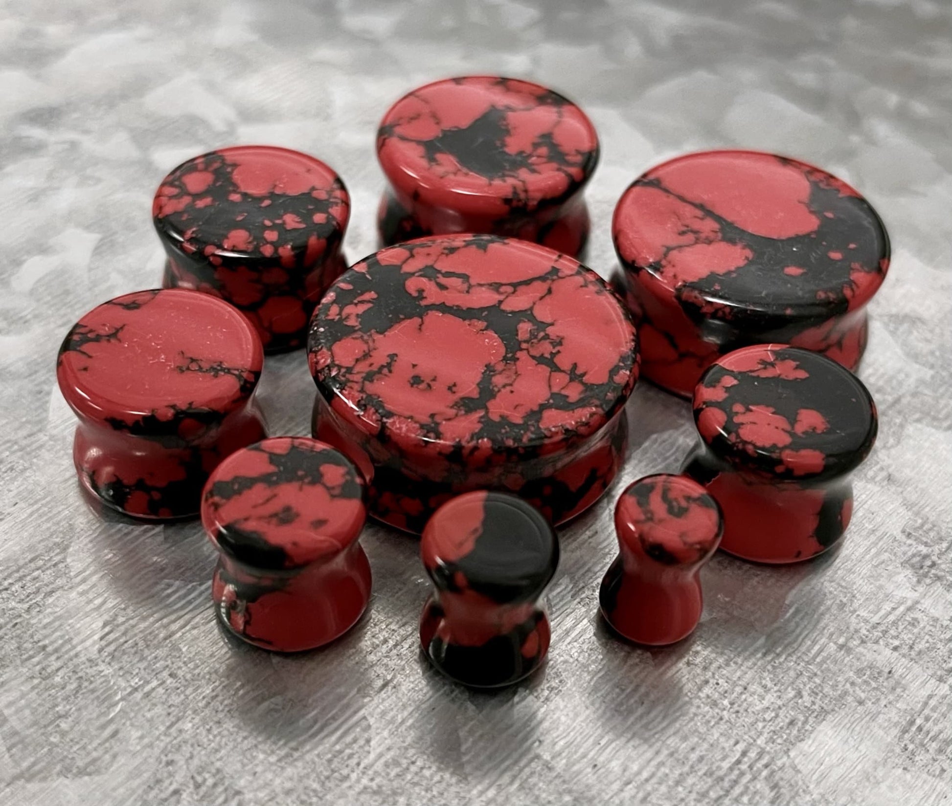 PAIR of Unique Black & Red Synthetic Imperial Turquoise Double Flare Plugs/Tunnels - Gauges 2g (6mm) thru 1" (25mm) available!