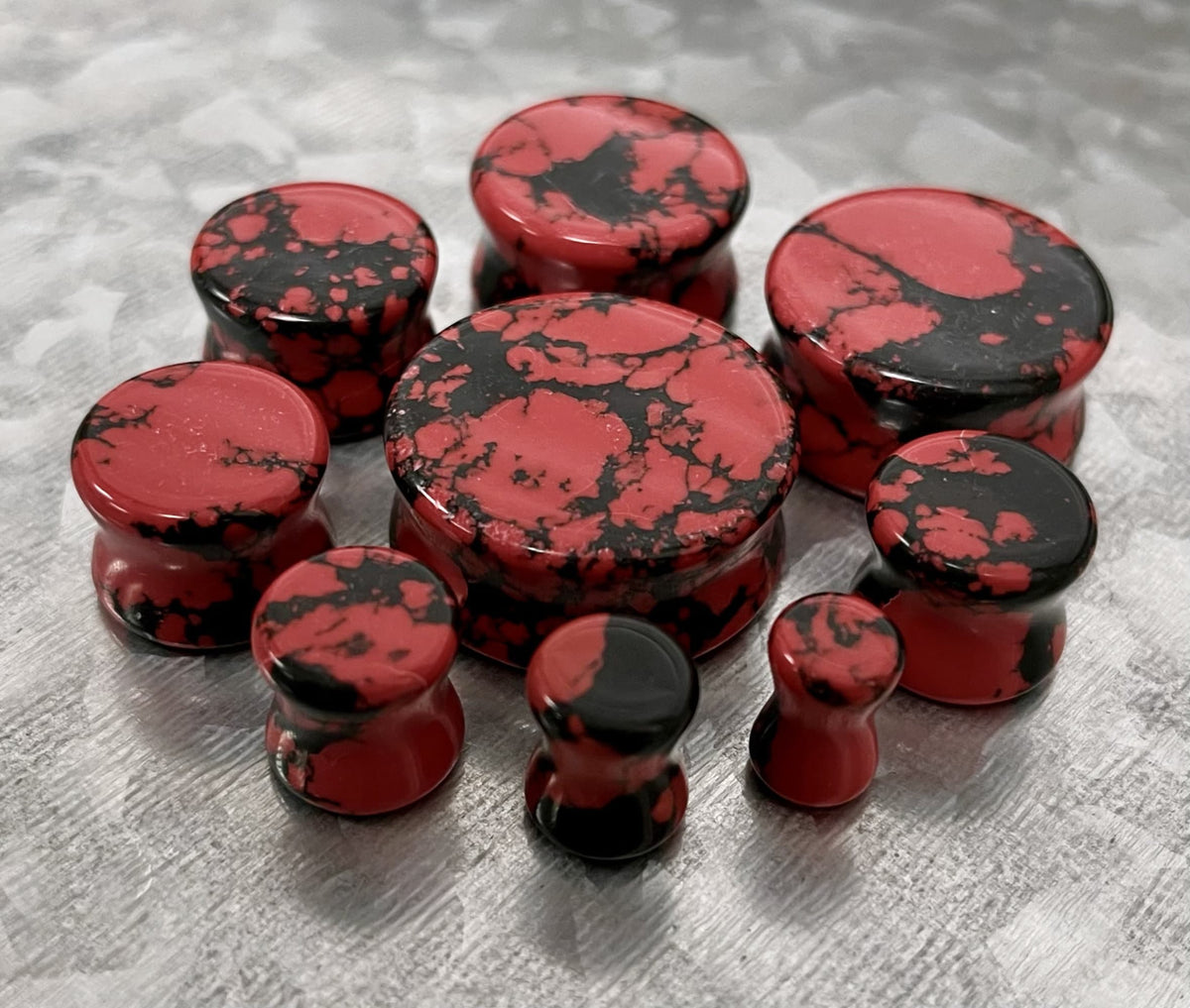 PAIR of Unique Black & Red Synthetic Imperial Turquoise Double Flare Plugs/Tunnels - Gauges 2g (6mm) thru 1" (25mm) available!