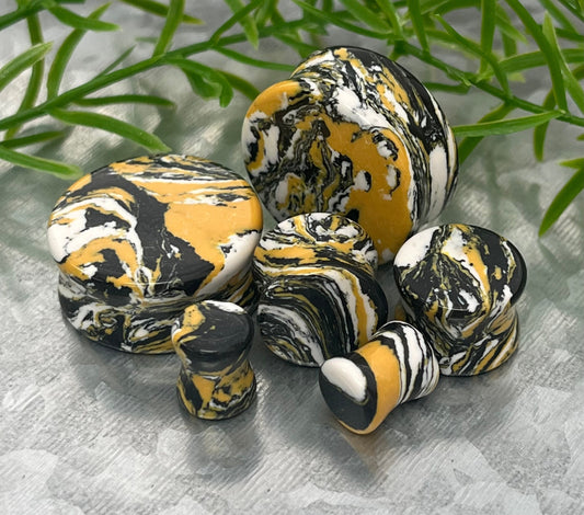 PAIR of Stunning Black, Yellow & White Synthetic Turquoise Double Flare Tunnels/Plugs - Gauges 2g (6mm) thru 1" (25mm) available!