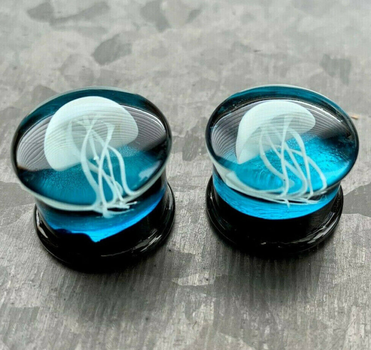 PAIR of Stunning Floating Jellyfish Design Pyrex Glass Double Flare Plugs -Gauges 0g (8mm) through 1" (25mm) available!