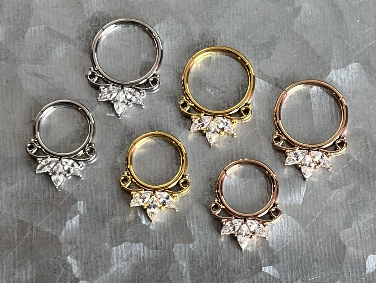 1 Piece of Unique Marquise Gem Fan Hinged Segment Ring - 16g - 8mm or 10mm Internal Diameter - Available in Silver, Gold & Rose Gold!