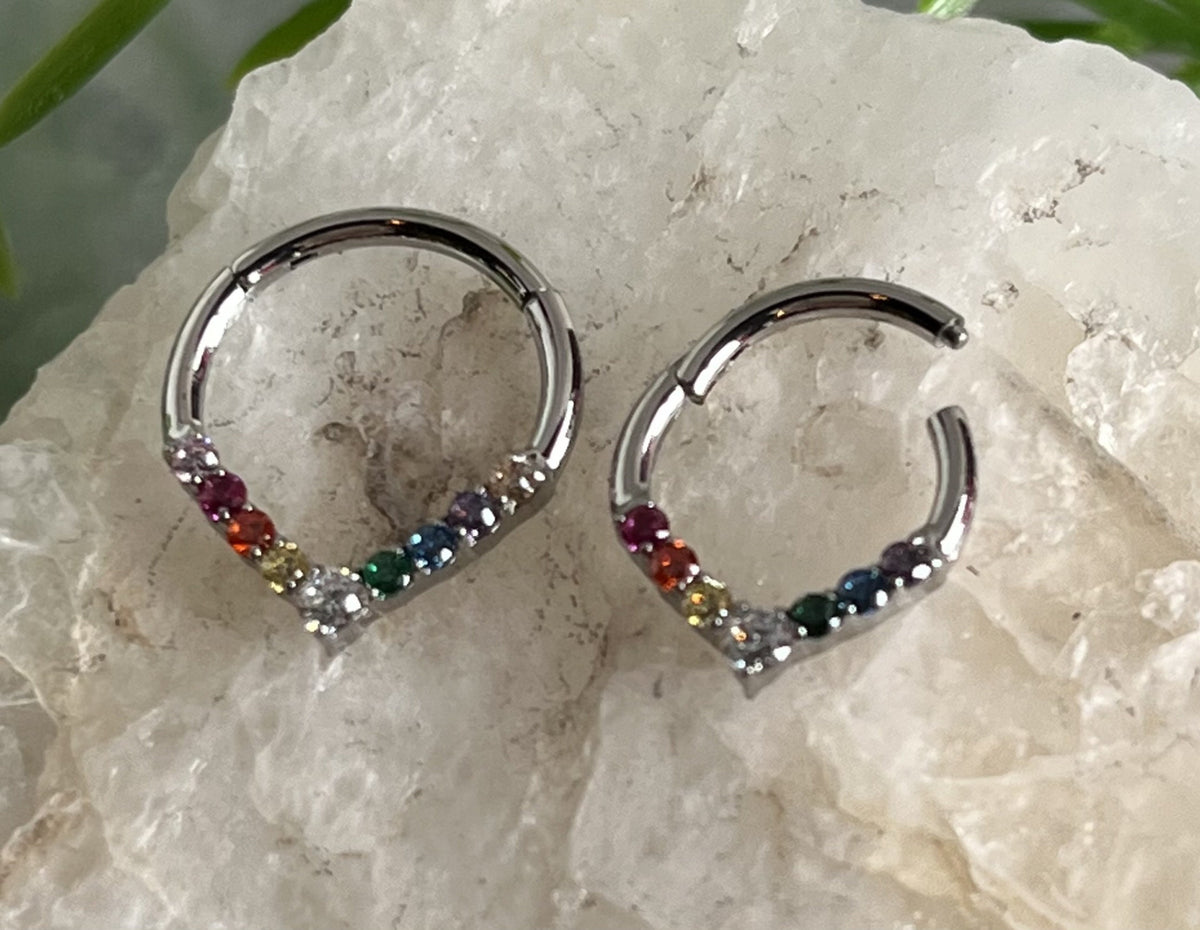 1 Piece Beautiful Chevron Gem Front Hinged Segment Ring -16g - Diameter 8mm or 10mm in Multicolored, Clear, Black, Aqua, Pink, Purple & AB!