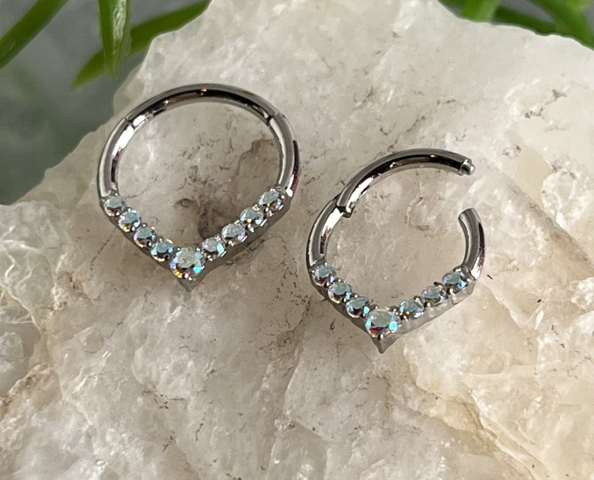 1 Piece Beautiful Chevron Gem Front Hinged Segment Ring -16g - Diameter 8mm or 10mm in Multicolored, Clear, Black, Aqua, Pink, Purple & AB!