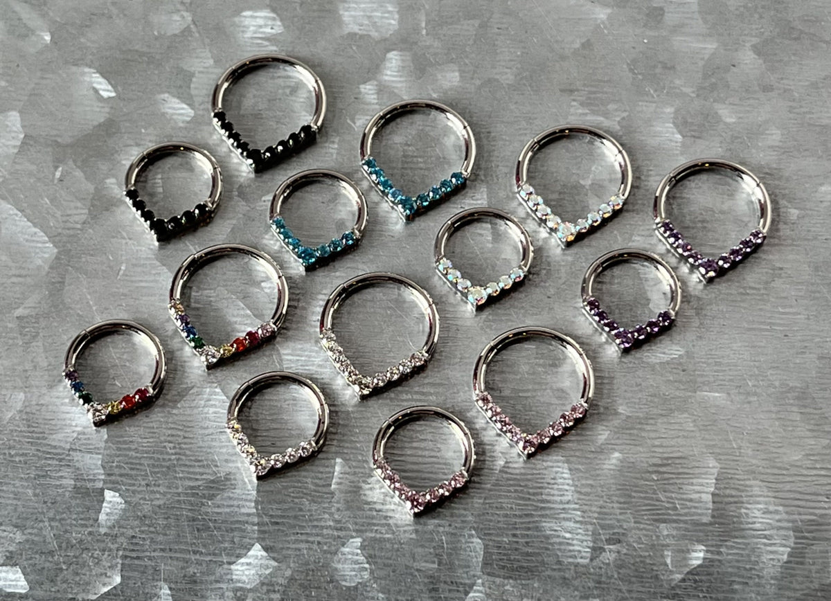 1 Piece Beautiful Chevron Gem Front Hinged Segment Ring -16g - Diameter 8mm or 10mm in Multicolored, Clear, Black, Aqua, Pink, Purple & AB!