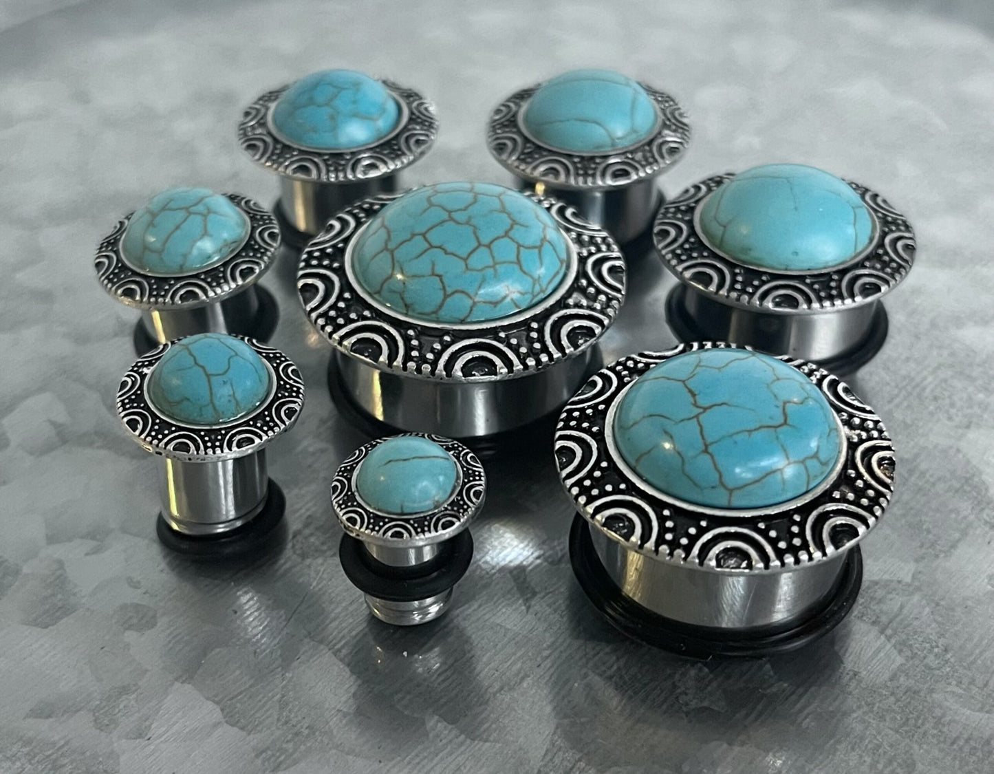 PAIR of Unique Turquoise Brass Top Surgical Steel Single Flare Plugs with O-Rings - Gauges 0g (8mm) thru - 1" (25mm) Available!