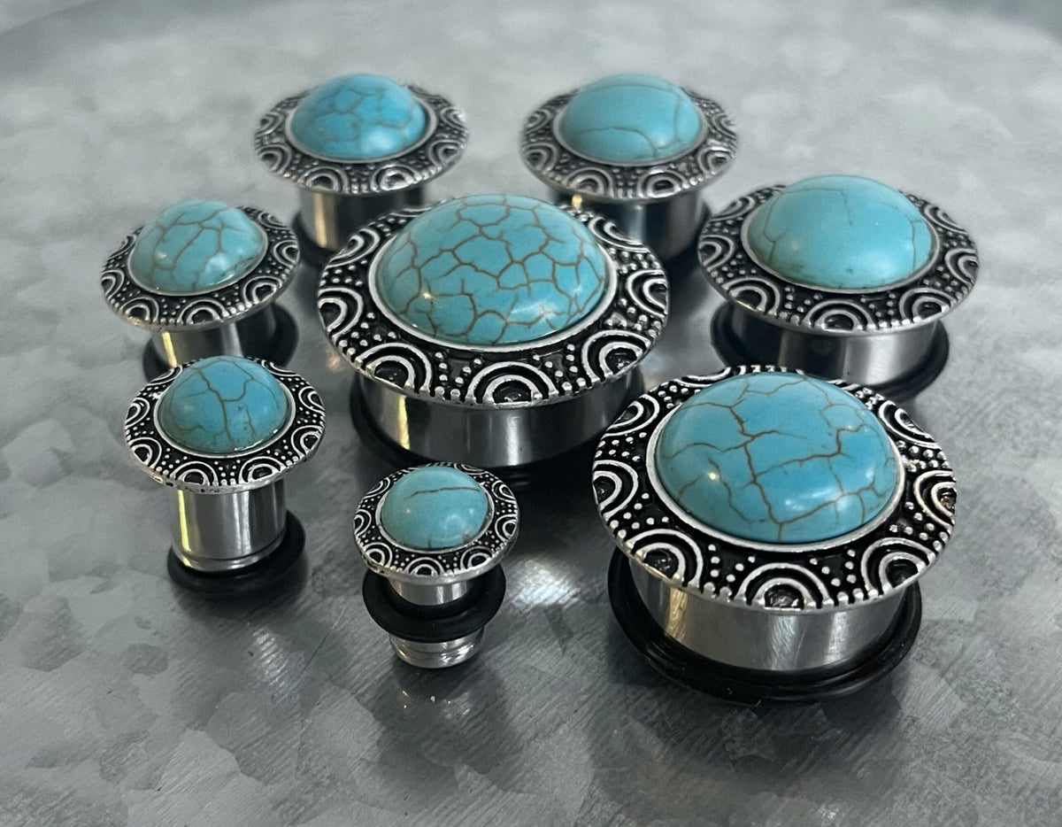 PAIR of Unique Turquoise Brass Top Surgical Steel Single Flare Plugs with O-Rings - Gauges 0g (8mm) thru - 1" (25mm) Available!