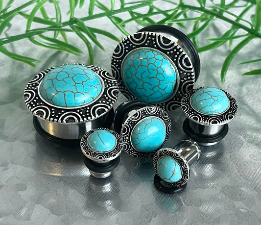PAIR of Unique Turquoise Brass Top Surgical Steel Single Flare Plugs with O-Rings - Gauges 0g (8mm) thru - 1" (25mm) Available!
