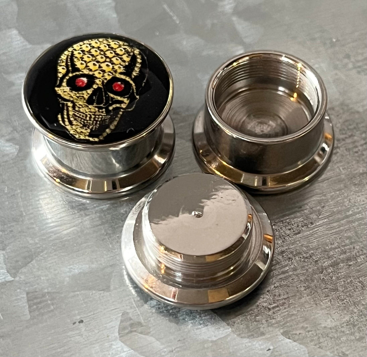 PAIR of Unique Yellow Skull with Red Eyes Steel Screw Fit Stash Plugs/Tunnels - Gauges 2g (6mm) thru 5/8" (16mm) available!