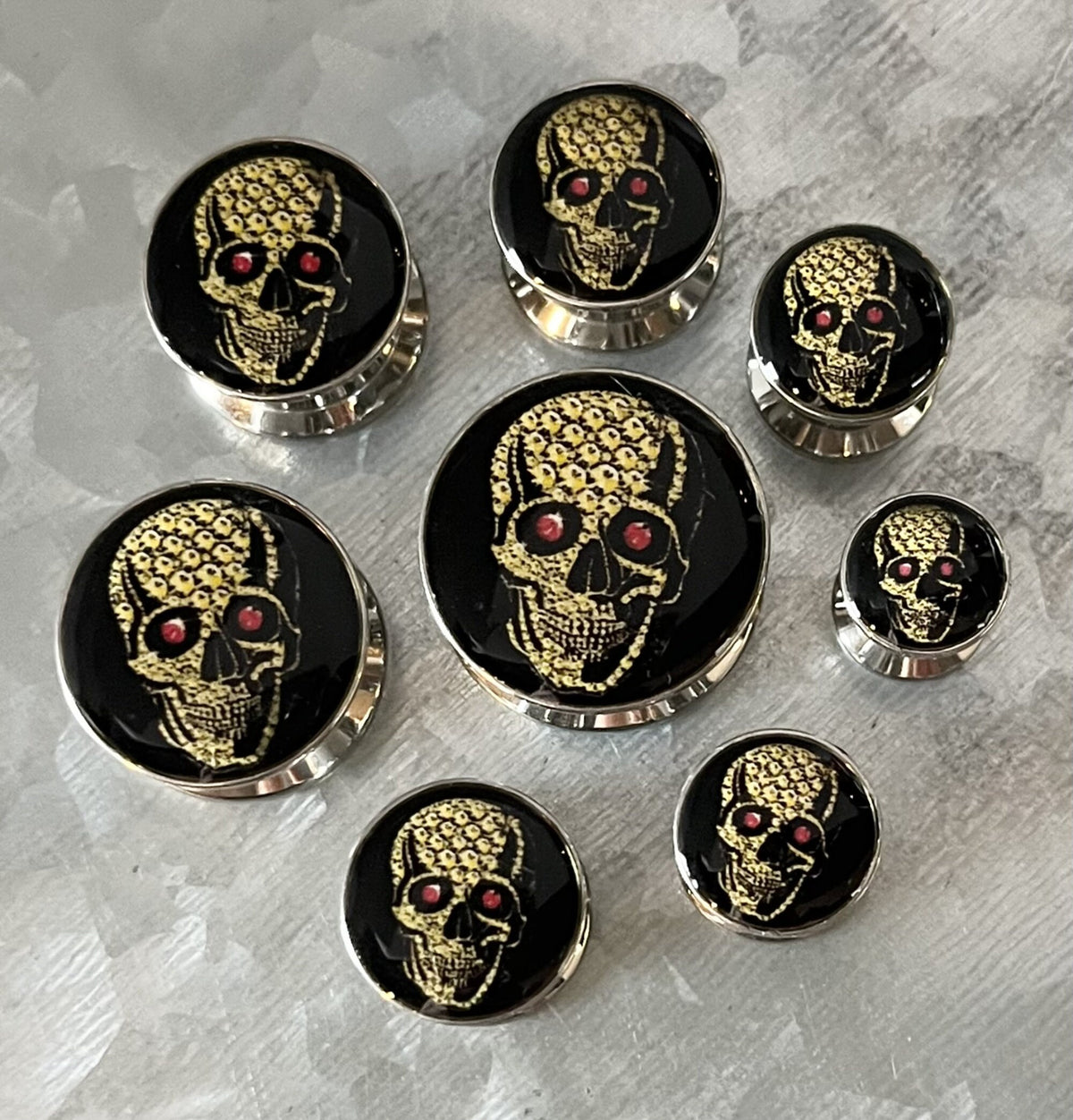 PAIR of Unique Yellow Skull with Red Eyes Steel Screw Fit Stash Plugs/Tunnels - Gauges 2g (6mm) thru 5/8" (16mm) available!