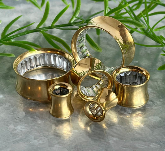 PAIR of Stunning Gold Ion Plated Steel Saddle Tunnels with CZ Inner Gems - Gauges -2g (8mm) thru 1" (25mm) available!