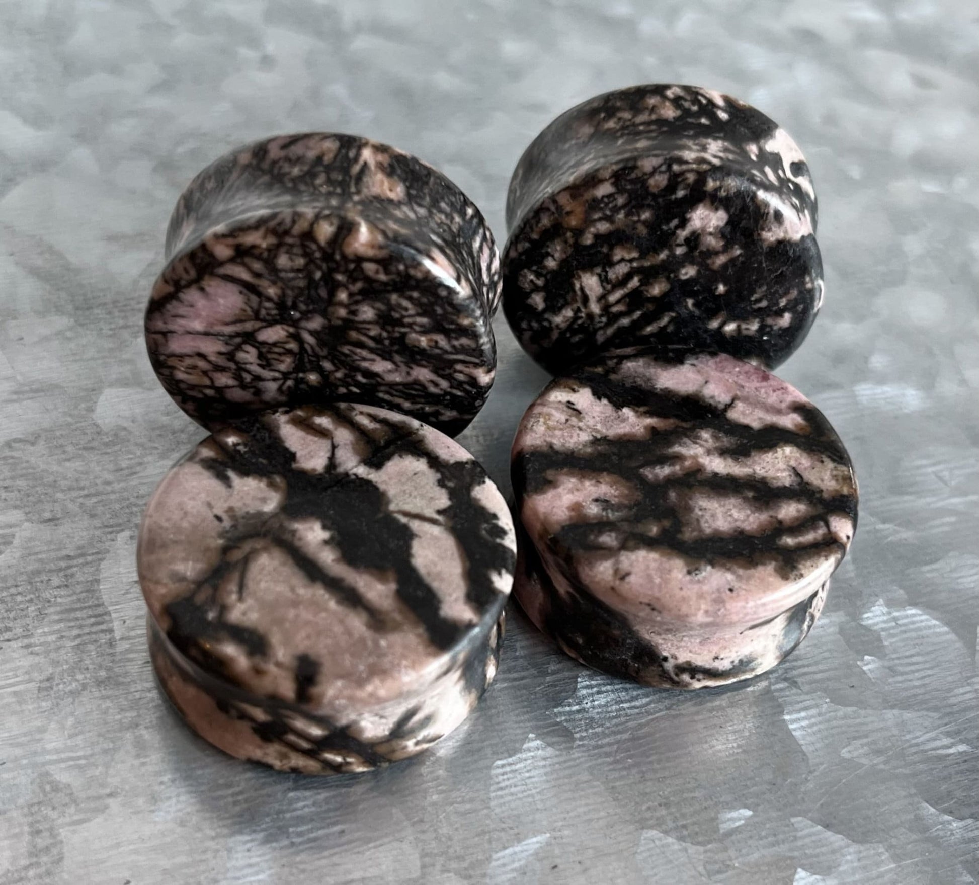 PAIR of Unusual Rhodonite Black & Pink Organic Natural Stone Double Flare Plugs/Tunnels - Gauges 4g (5mm) up to 1" (25mm) available!