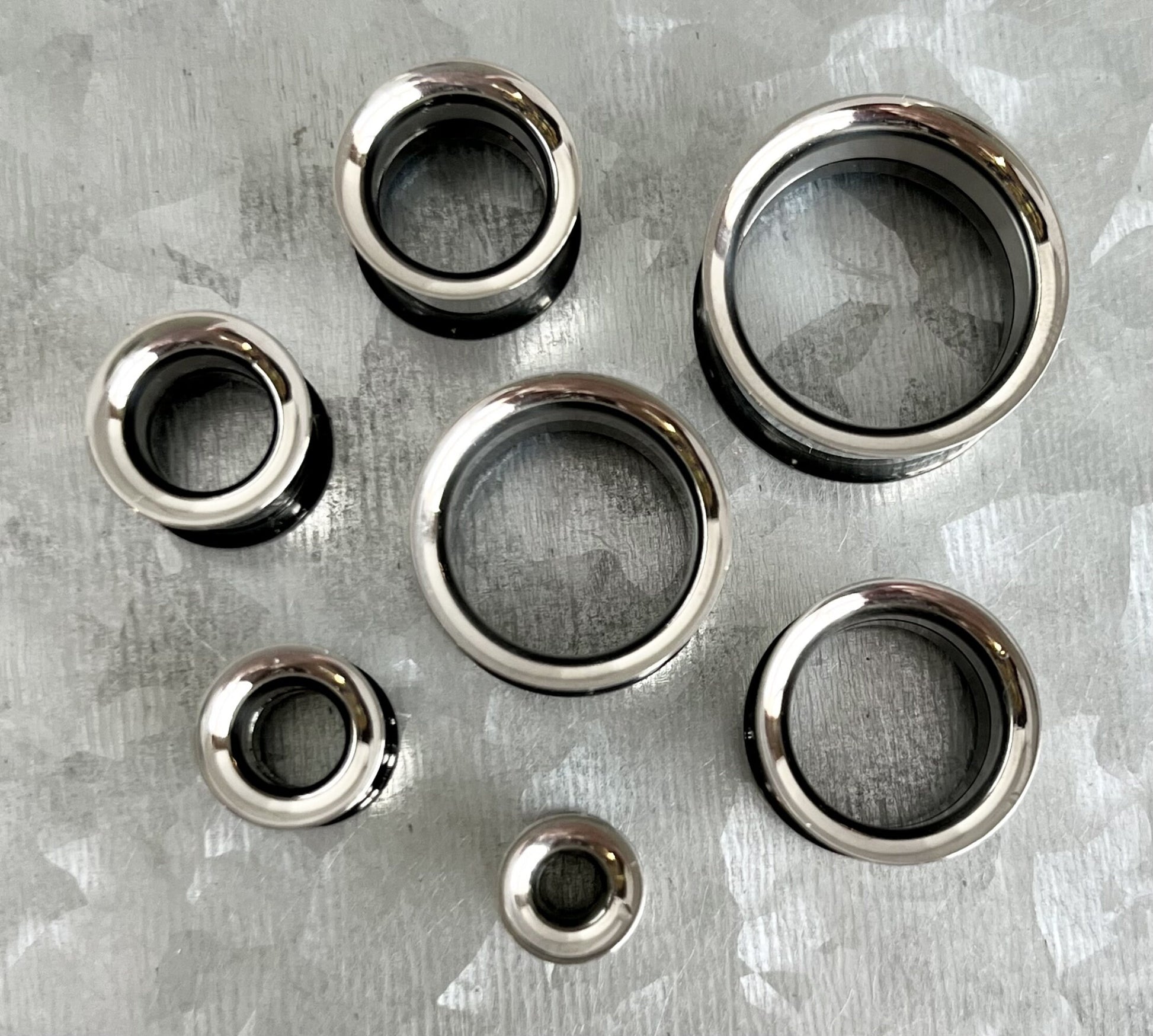 PAIR of Stunning Two Sided Black and Steel Internally Threaded Tunnels/Plugs - Gauges 2g (6mm) thru 3/4" (19mm) available!