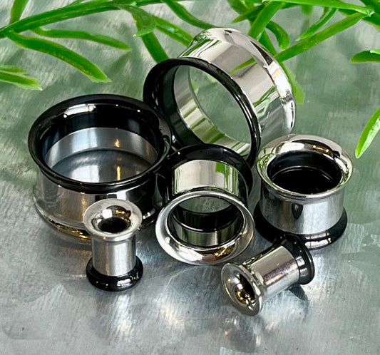 PAIR of Stunning Two Sided Black and Steel Internally Threaded Tunnels/Plugs - Gauges 2g (6mm) thru 3/4" (19mm) available!