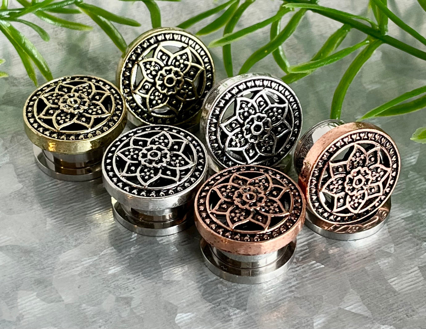 PAIR of Stunning Gold, Silver or Bronze Tribal Lotus Flower Steel Screw Fit Flesh Tunnels/Plugs -Gauges 2g (6mm) thru 5/8" (16mm) available!
