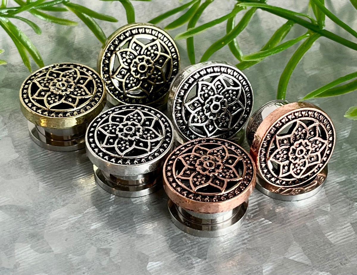 PAIR of Stunning Gold, Silver or Bronze Tribal Lotus Flower Steel Screw Fit Flesh Tunnels/Plugs -Gauges 2g (6mm) thru 5/8" (16mm) available!