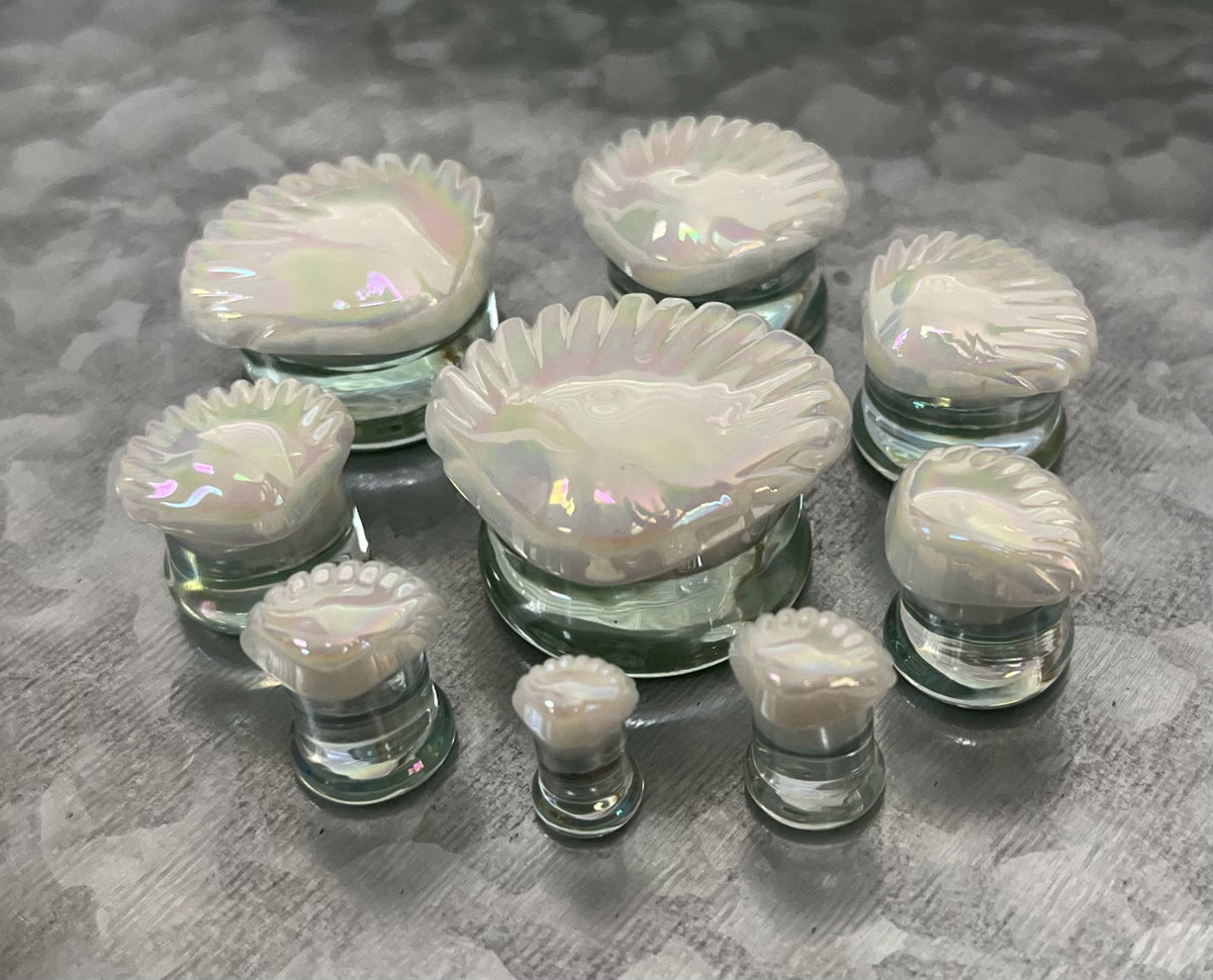 PAIR of Unique White Pearl Seashell Glass Double Flare Tunnels/Plugs - Gauges 2g (6mm) thru 1" (25mm) available!