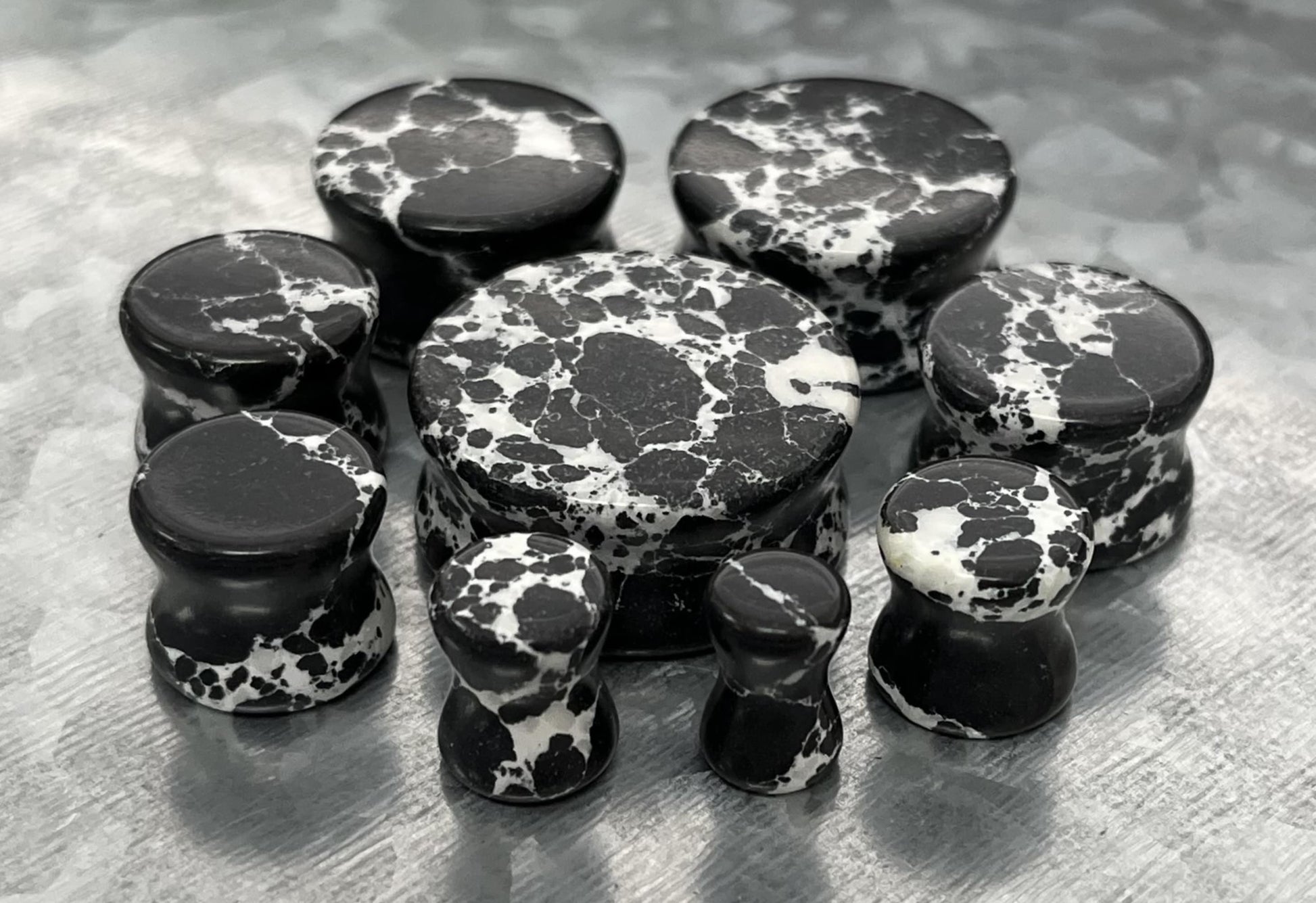 PAIR of Unique Black & White Synthetic Imperial Turquoise Double Flare Tunnels/Plugs - Gauges 2g (6mm) thru 1" (25mm) available!