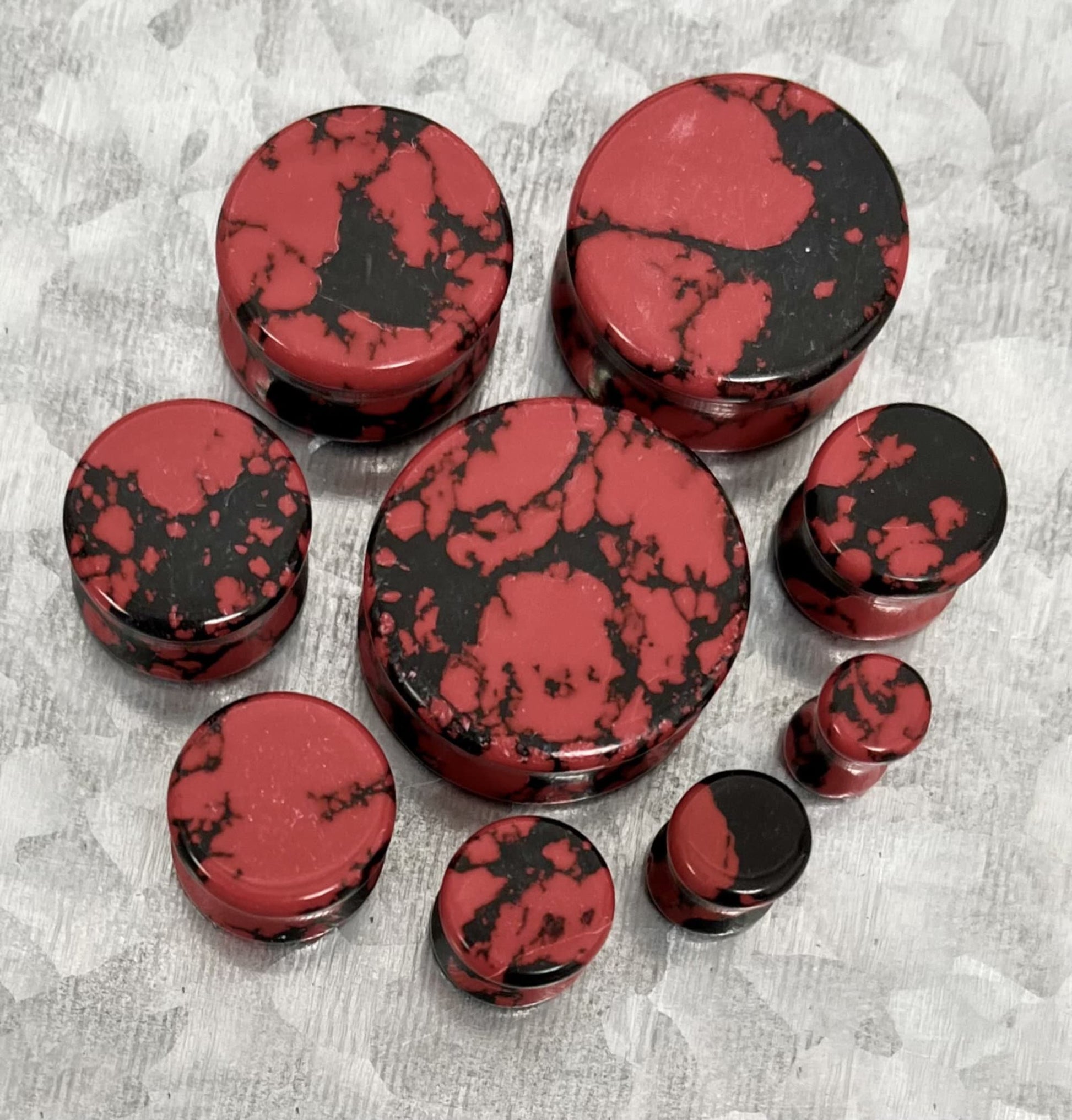 PAIR of Unique Black & Red Synthetic Imperial Turquoise Double Flare Plugs/Tunnels - Gauges 2g (6mm) thru 1" (25mm) available!