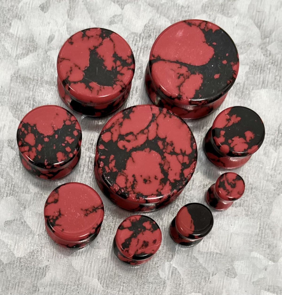 PAIR of Unique Black & Red Synthetic Imperial Turquoise Double Flare Plugs/Tunnels - Gauges 2g (6mm) thru 1" (25mm) available!