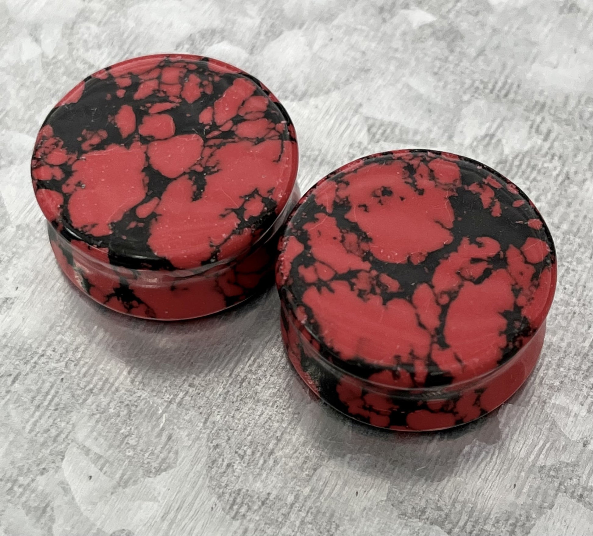 PAIR of Unique Black & Red Synthetic Imperial Turquoise Double Flare Plugs/Tunnels - Gauges 2g (6mm) thru 1" (25mm) available!